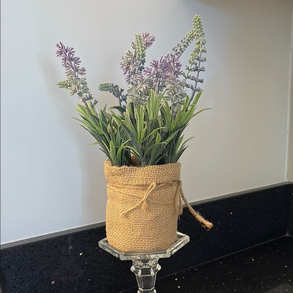 Purple and Green Faux Lavender Floral Greenery Accent in Rustic Burlap Container